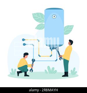 Water heater repair service vector illustration. Cartoon tiny engineers and plumbers with wrench fixing leakage of broken plumbing, people check pipe and heating tank in residential home system Stock Vector