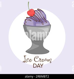 A hand-drawn vector illustration of ice cream in a cup and a cherry on top. Happy National Ice Cream Day card. Stock Vector