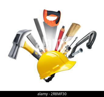 Carpentry tools with safety helmet against white background Stock Photo