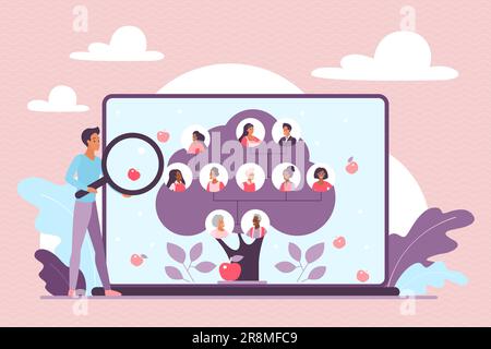 Family tree, genealogy online vector illustration. Cartoon tiny man with magnifying glass looking at laptop screen to study infographic flowchart, network of three generations with relatives portraits Stock Vector