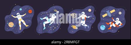 Astronauts floating in space in different poses set vector illustration. Cartoon spaceman in helmet and spacesuit flying between satellite and planets of solar system, shooting star and asteroid Stock Vector