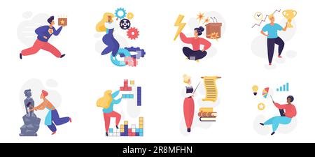 MBTI person types set vector illustration. Cartoon people with different mindset and human behavior, intuitive and logical thoughts, individuality, organized structure and personality of thinking Stock Vector