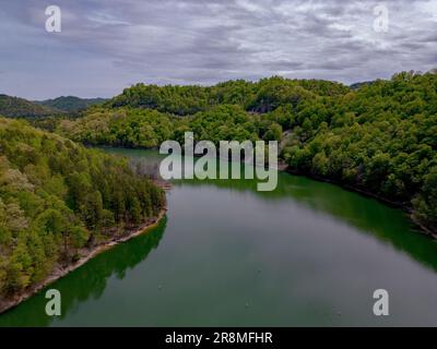 A lake with tranquil emerald-colored waters surrounded by lush, green trees under a cloudy sky. Stock Photo