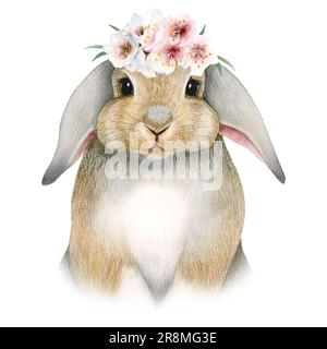 Easter bunny rabbit portrait with spring pink white flowers wreath on head watercolor illustration. Cute animal pet Stock Photo