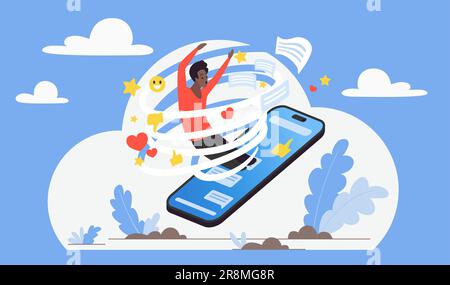 Danger of social media addiction vector illustration. Cartoon tiny man addict spinning in endless tornado of news, followers and likes icons, person with phone dependence falling in hole on screen Stock Vector