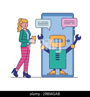 Woman using mobile phone and chatting with chatbot Stock Vector