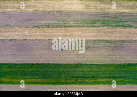 Drone shot of tractor on the agricultural field spraying Stock Photo