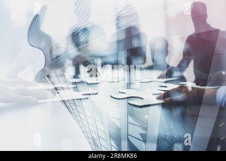 Business people silhouette joining puzzle pieces in the office. Double exposure effects Stock Photo