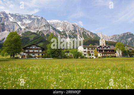 Panorama of massive Alpine mountains -  Ramsau - the Austrian Alps of the Dachstein region (Styria in Austria) Stock Photo
