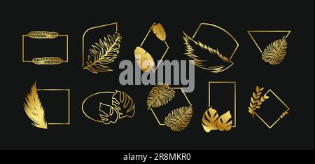 Golden abstract frames with leaves set Stock Vector