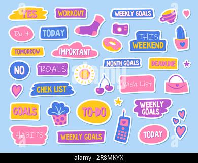 Diary and planner flat stickers set Stock Vector