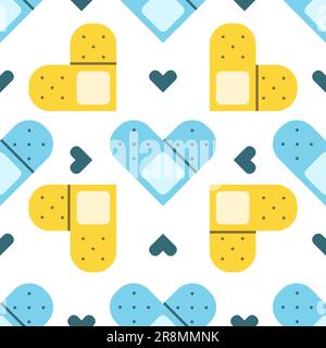 Flat cute seamless pattern of medical plaster with hearts. Blood donation print design in doodle style.. Stock Vector
