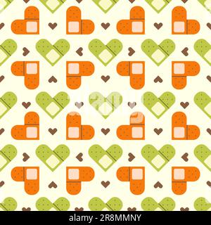 Flat cute seamless pattern of medical plaster with hearts. Blood donation print design in doodle style.. Stock Vector