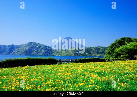 Lake Ikeda and Mount Kaimondake Stock Photo