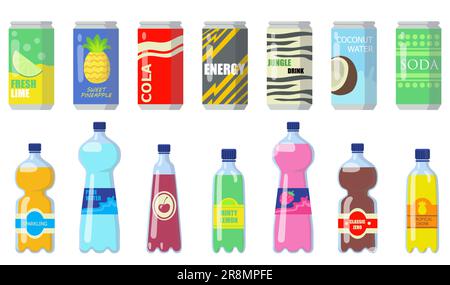 Various drinks in metallic cans and plastic bottles Stock Vector
