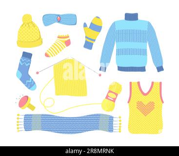 Knitted seasonal woolen clothes set Stock Vector