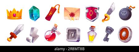 Cartoon set of pirate adventure game props isolated on white background. Vector illustration of royal crown, diamond, tnt bomb, sword, shield, glass bottles with poison elixir, old envelope, key icons Stock Vector