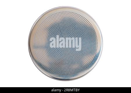 Circle shape stainless steel strainer colander sieve isolated on white background. Stock Photo