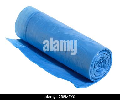 Blue plastic trash bags with strings on white background, close up Stock Photo