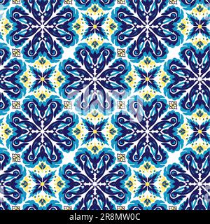 Azulejos blue and yellow seamless pattern, Protugal style surface design Stock Vector