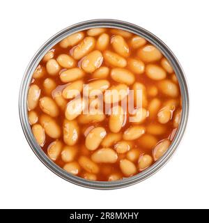 Canned baked beans in tomato sauce, in open can, from above. Dish made of white beans, cooked through a steam process. Convenience food. Stock Photo