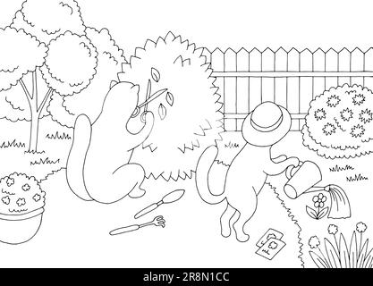 Cats work in the garden graphic black white landscape sketch illustration vector Stock Vector