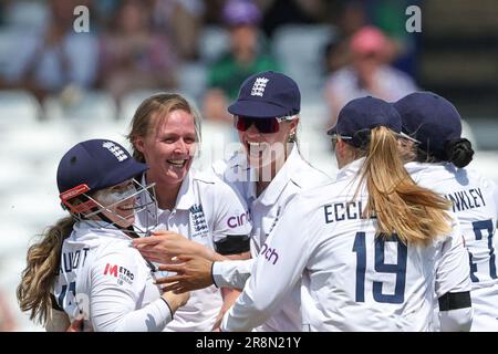 Lauren Filer of England celebrates her first test wicket during the Metro Bank Women's Ashes 2023 match England vs Australia at Trent Bridge, Nottingham, United Kingdom, 22nd June 2023  (Photo by Mark Cosgrove/News Images) Stock Photo