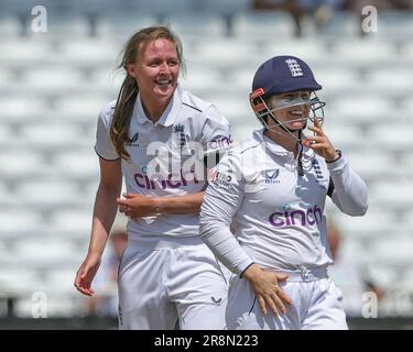 Lauren Filer of England celebrates her first test wicket during the Metro Bank Women's Ashes 2023 match England vs Australia at Trent Bridge, Nottingham, United Kingdom, 22nd June 2023  (Photo by Mark Cosgrove/News Images) Stock Photo