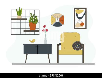 Stylish and modern interior design. A chest of drawers with a vase and a figurine, flowers in pots on a shelf, a cozy armchair with a sofa cushion. Ab Stock Vector