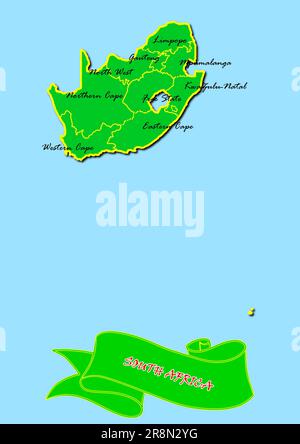 Map of South Africa awith subregions in green country name in red Stock Photo