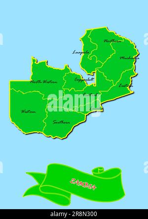 Map of Zambia with subregions in green country name in red Stock Photo