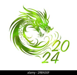 Symbol of 2024 - green wooden dragon. Vector template for greeting card ...