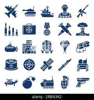 War and military glyph icon set. Army equipment and weapons symbols. Vector illustration. Stock Vector