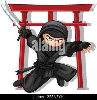 Ninja Jumping and Brandishing Sword illustration Stock Vector