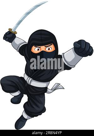 Ninja Jumping and Brandishing Sword illustration Stock Vector