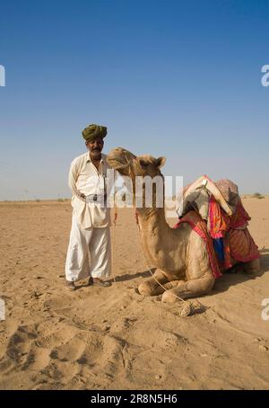 Camel driver with dromedary (Camelus dromedarius) in Thar Desert, Rajasthan, dromedary, India Stock Photo