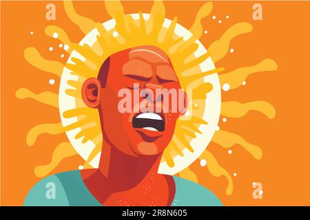 cartoon vector illustration of A man sweating under an angry sun depicting a heat wave or a very hot summer day Stock Vector