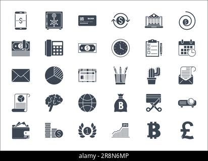 Business, banking and finance icons vector set glyph. Icons for business, management, finance, strategy, banking, marketing and accounting for mobile Stock Vector