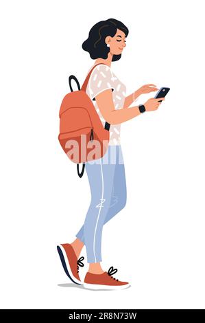 Girl student is holding using mobile phones. Female Character with smartphones in hands. Young woman surfs the internet, chatting. Flat graphic vector Stock Vector