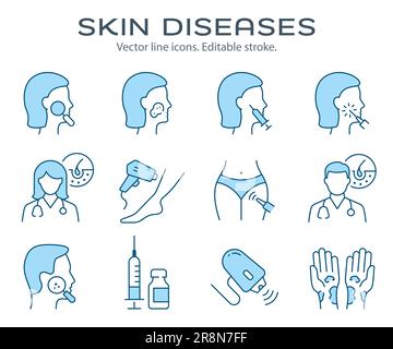 Skin diseases icons, such as eczema, psoriasis, sunburn, rosacea, and more. Editable stroke. Change to any size and any colour. Stock Vector