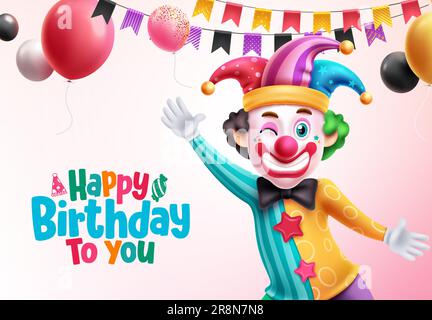 Happy birthday vector design. Birthday greeting text with party clown character, balloons and pennants decoration elements. Vector illustration Stock Vector
