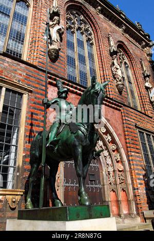 Herald statue, in front of east portal of town hall, market square, old town, Bremen, Germany, equestrian statue Stock Photo