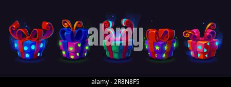 Neon gift box for ui game icon cartoon vector. Bonus or reward present with ribbon for mobile casino app design. Colorful birthday pack with bow for mystery giveaway lottery graphic illustration set. Stock Vector