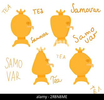 Hand drawn russian golden samovar. Kattle teapot object to make hot drinks beverages in winter seasons isolated on vector illustration with yellow let Stock Vector
