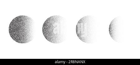 Set of textured gradient spheres. Black dotted circles collections. Stippled round elements pack. Fading noise grain dotwork shapes. Halftone effect illustrations bundle. Vector  Stock Vector