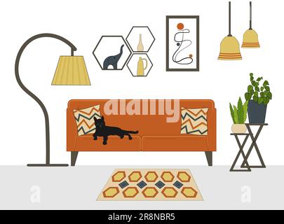 Living room interior. Sofa with cat, carpet and pillows. Plants in pots. Figurines and vase with flowers. Abstract painting on the wall. Modern design Stock Vector