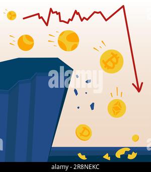 Cryptocurrency price crash. Stablecoin crisis. illustration of different coins falling down. High risk of crypto investment. Stock Vector