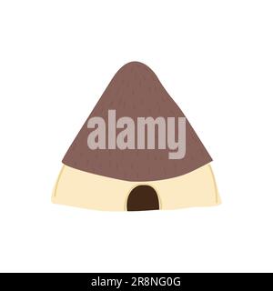 African house with a thatched roof isolated on white background. Hand drawn doodle cartoon with small entrance and big roof Stock Vector
