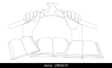 One continuous line of Book with Wrench. Thin Line Illustration Instruction Manual vector concept. Contour Drawing Creative ideas. Stock Vector