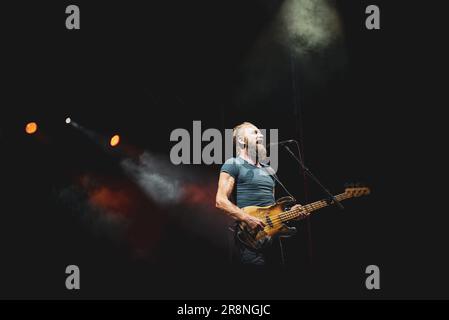 BAROLO, CUNEO, ITALY: Gordon Matthew Thomas Sumner, better known as Sting, performing live on stage at the Collisioni Festival in Barolo. Stock Photo